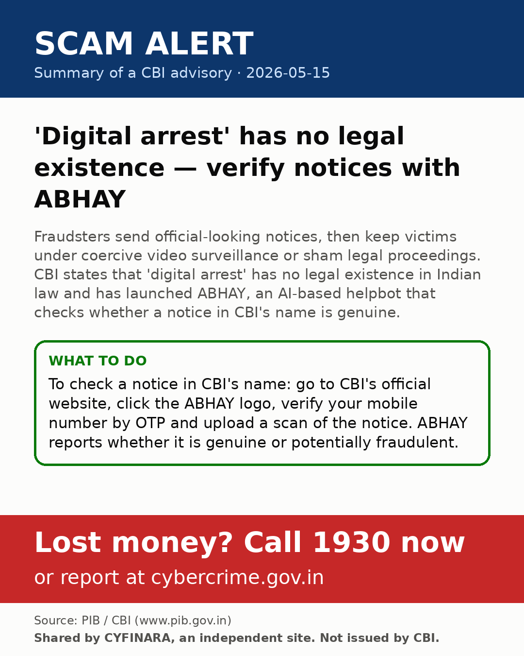 Summary of a CBI advisory: 'Digital arrest' has no legal existence — verify notices with ABHAY