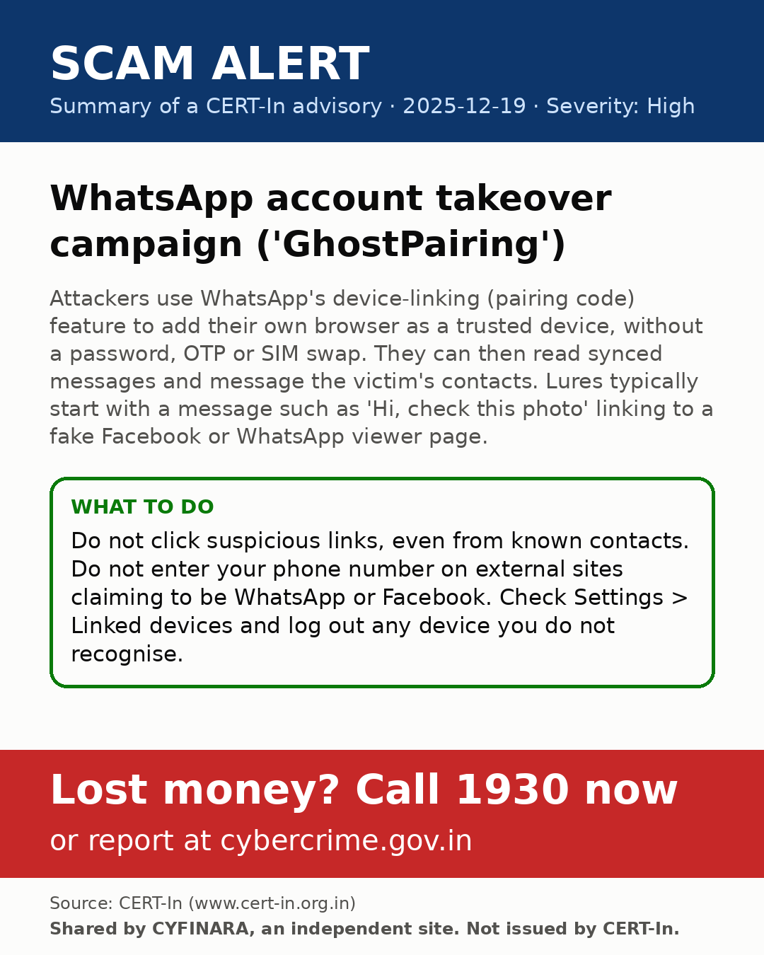 Summary of a CERT-In advisory: WhatsApp account takeover campaign ('GhostPairing')